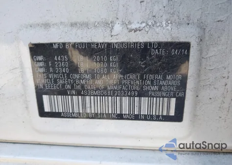 2014 Subaru Legacy 2.5I Premium z USA, uszkodzony, nr VIN 4S3BMBD68E3033499